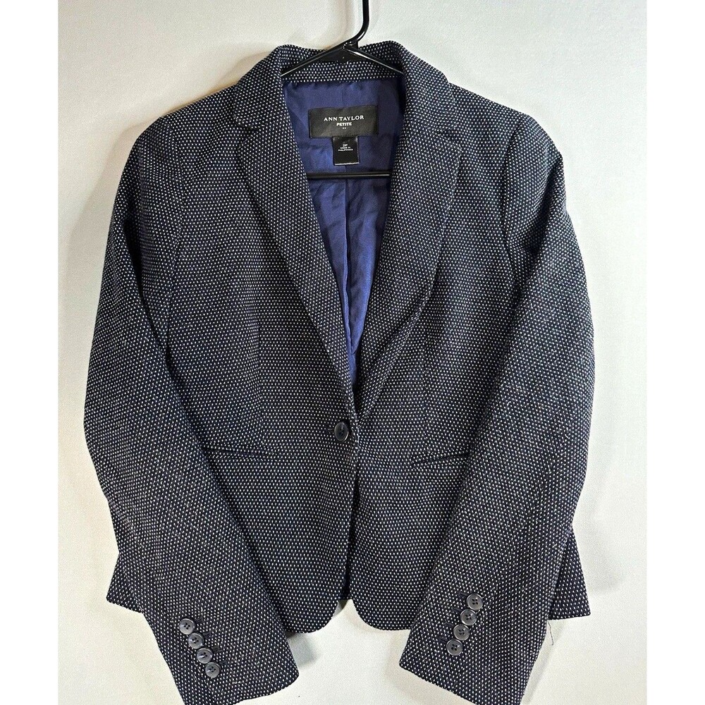 Ann Taylor 2P Petite Navy/White Polka Dot Lined Short Blazer Suit Jacket
